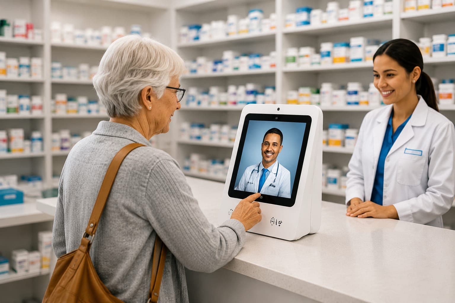Patient using MdTelemed at a pharmacy — real docs, real meds, right now